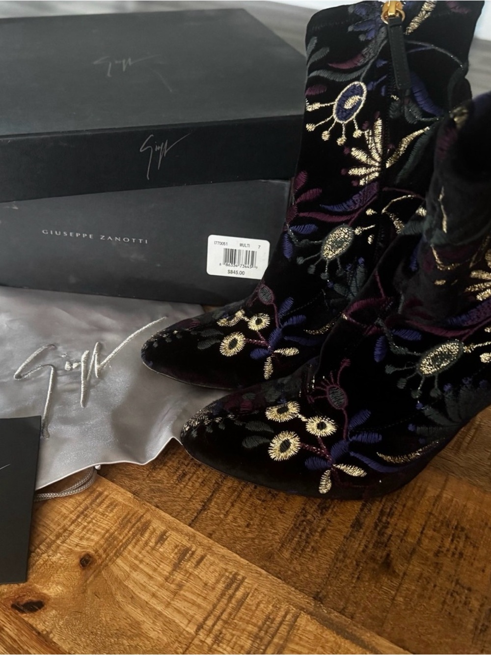 Giuseppe Zanotti Black Velvet Floral Embroidered Ankle Boots